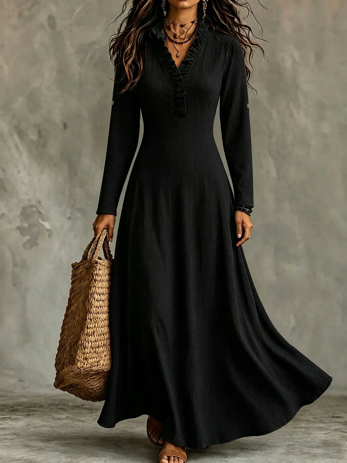Elegant Waistband Long Dress Autumn Winter Solid Color Fashionable Simple Long Sleeved V-neck Lace Large Swing Long Dresses