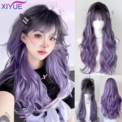 XIY Long Wavy Synthetic Wig with Bangs Black gradient purpleBody Curly Hair Wigs for Women Daily Party Cosplay Heat Resistant 