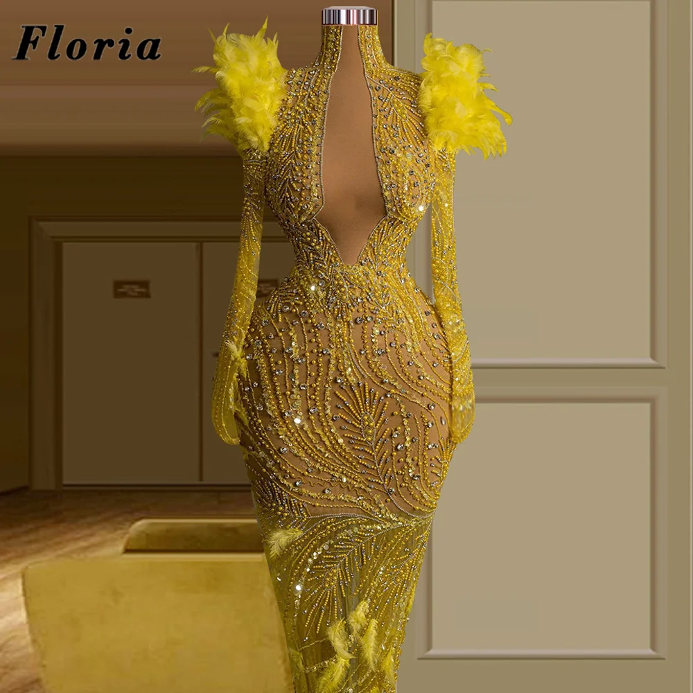 

Dubai Yellow Beaded Feathers Evening Dresses Middle East Long Sleeves Illusion Prom Dress Coutures Birthday Crystals Party Gowns