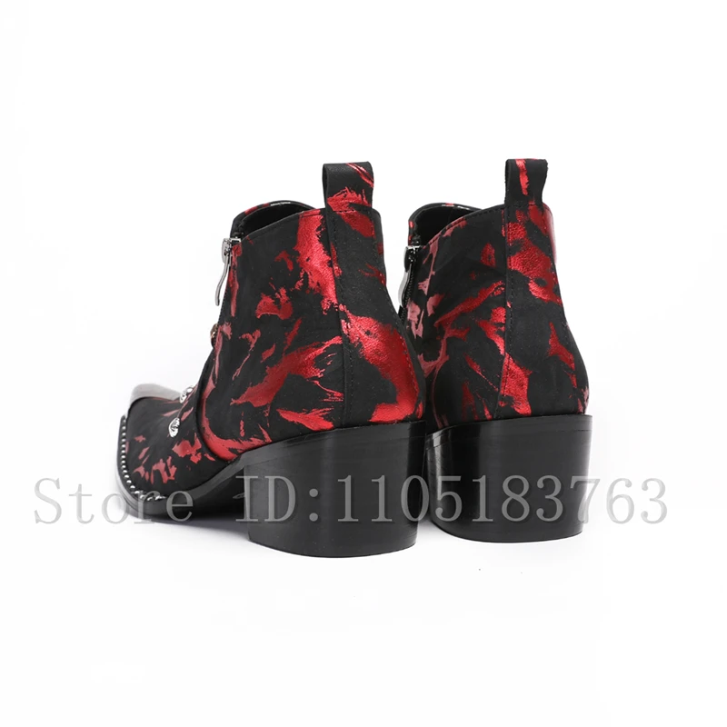 Men's Metal Pointed Toe Ankle Boots, Red & Black Printed Booties with Leopard Head Decor Luxury Gothic Style Footwear for Party