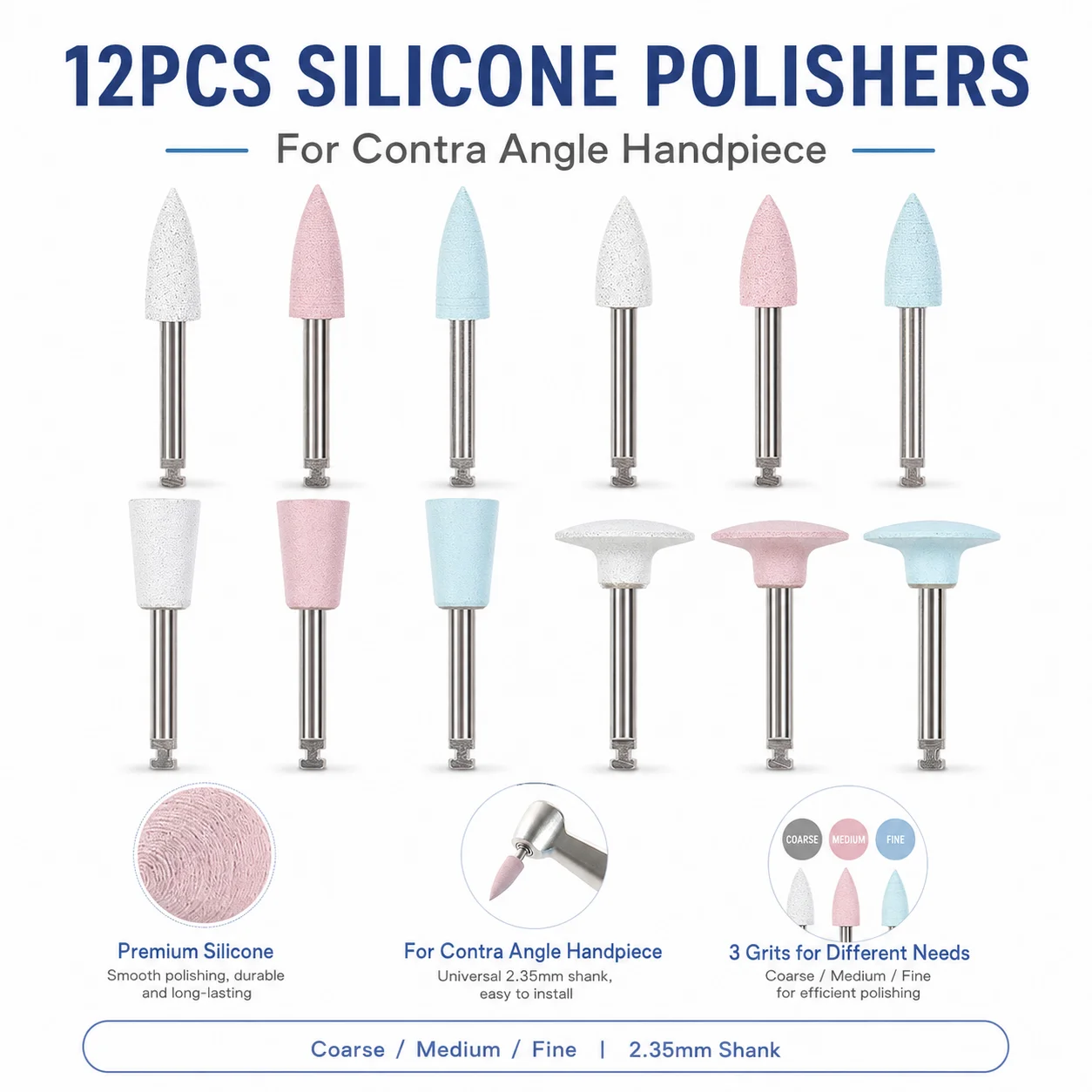 12-teiliges Präzisions-Labor-Silikon-Polierset RA Latch 2,35mm Schaft 3-Stufen-Oberflächenbearbeitungs-Rotationsbits Grau Rosa Blau – Detail 2