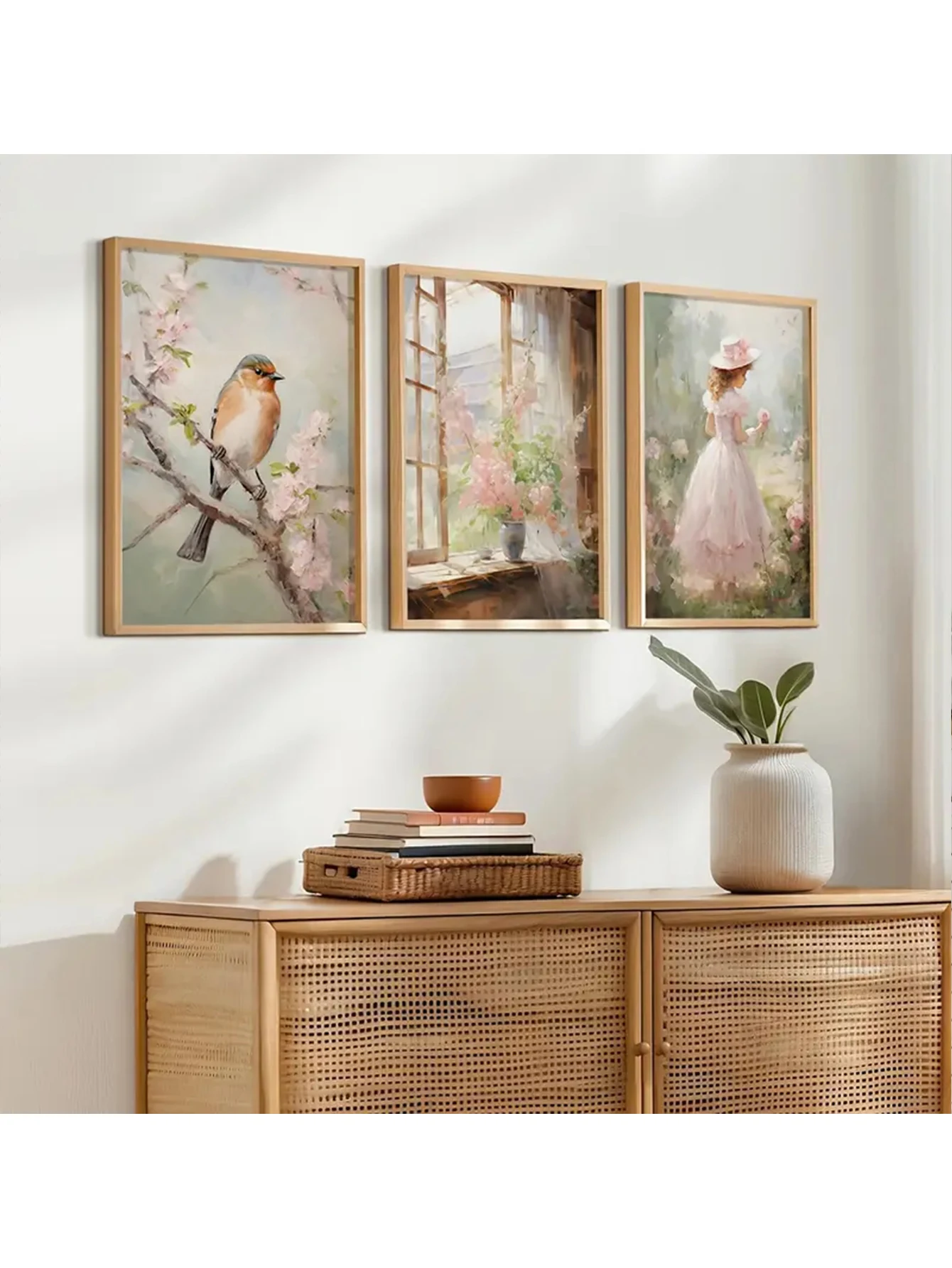 

3pcs/Set Pink Flowers Birds Women The Garden Landscape Painting Print Retro Spring Wall Art Floral Canvas Poster Home Room Decor