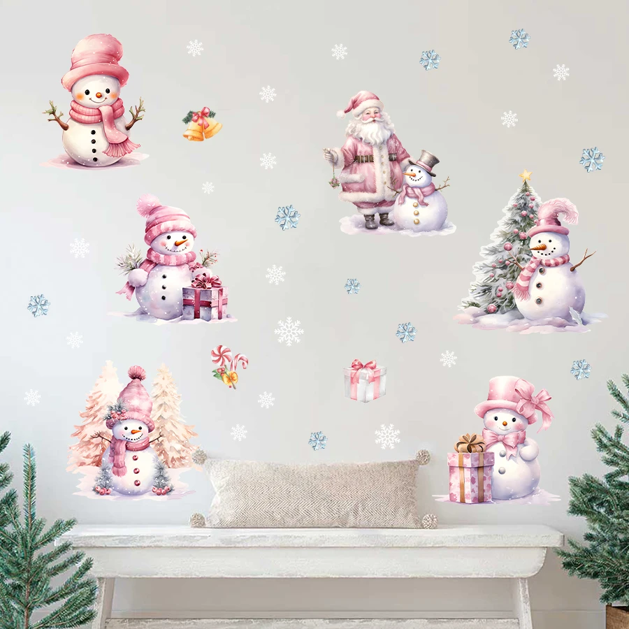 Christmas Decoration Cartoon Cute Pink Snowman Wall Stickers for Windows Bedroom Decoration Wall Decals Kids Room Decor