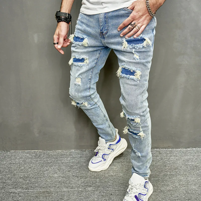 2023 Herfst Nieuwe Heren Holes Casual Skinny Jeans Broek Streetwear Mannelijke Stijlvolle Gescheurde Effen Hiphop Slim Jogging Denim Broek