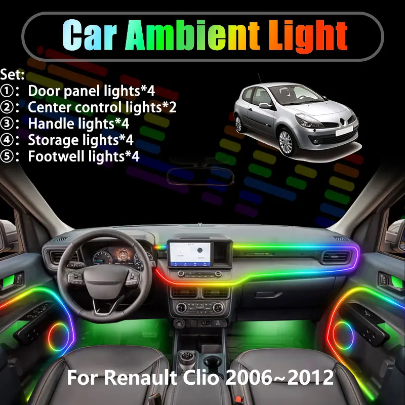 

For Renault Clio 2012~2020 MK4 Lutecia 2/18 in 1 Car ambient lighting Led trunk interior led lights USB RGB Ensemble Streamer