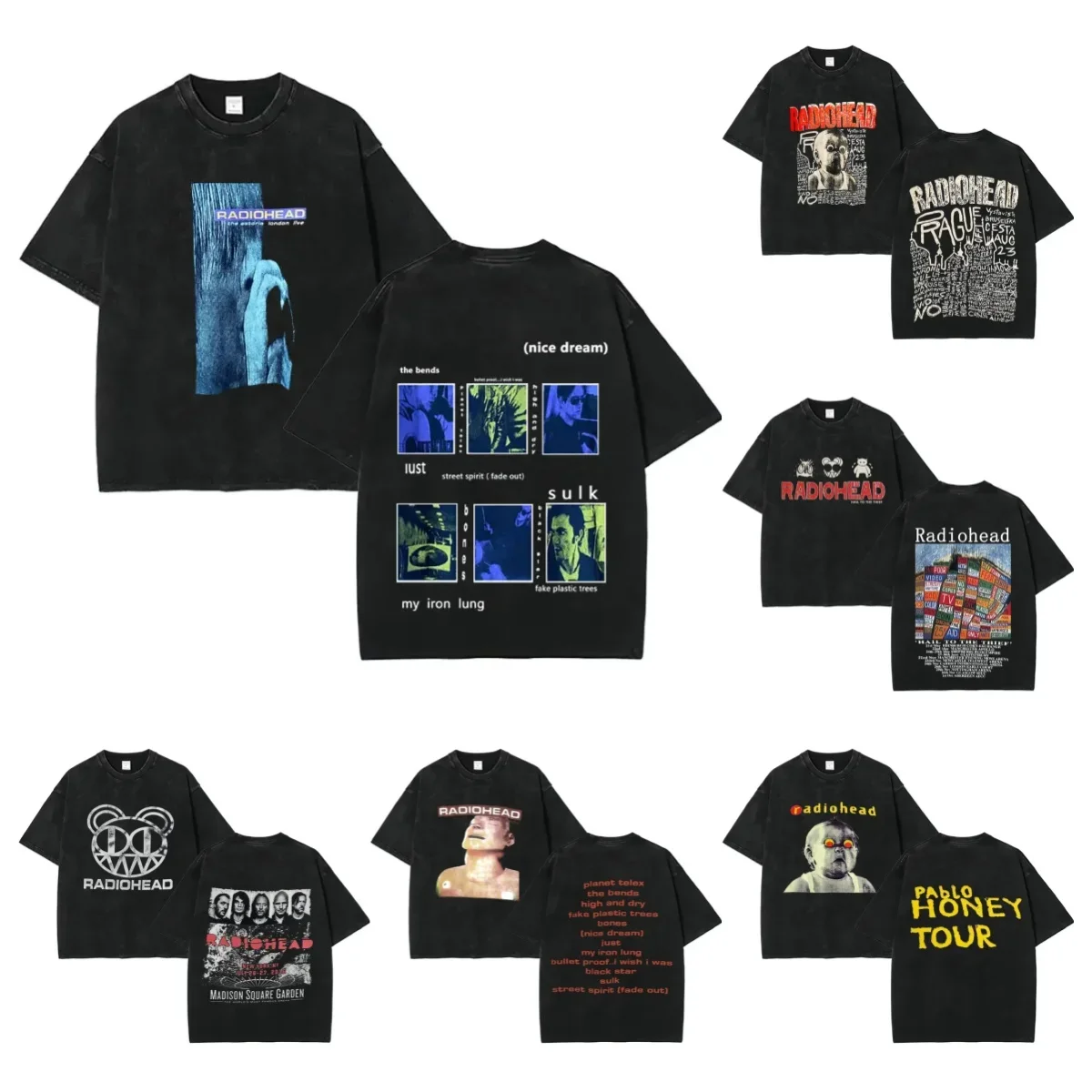 

3Mens and Women T Shirts Washed Black T-shirt Trend Hip Hop Retro Short Sleeve Tee Fashion Classic Radiohead Tour Print T Shirts