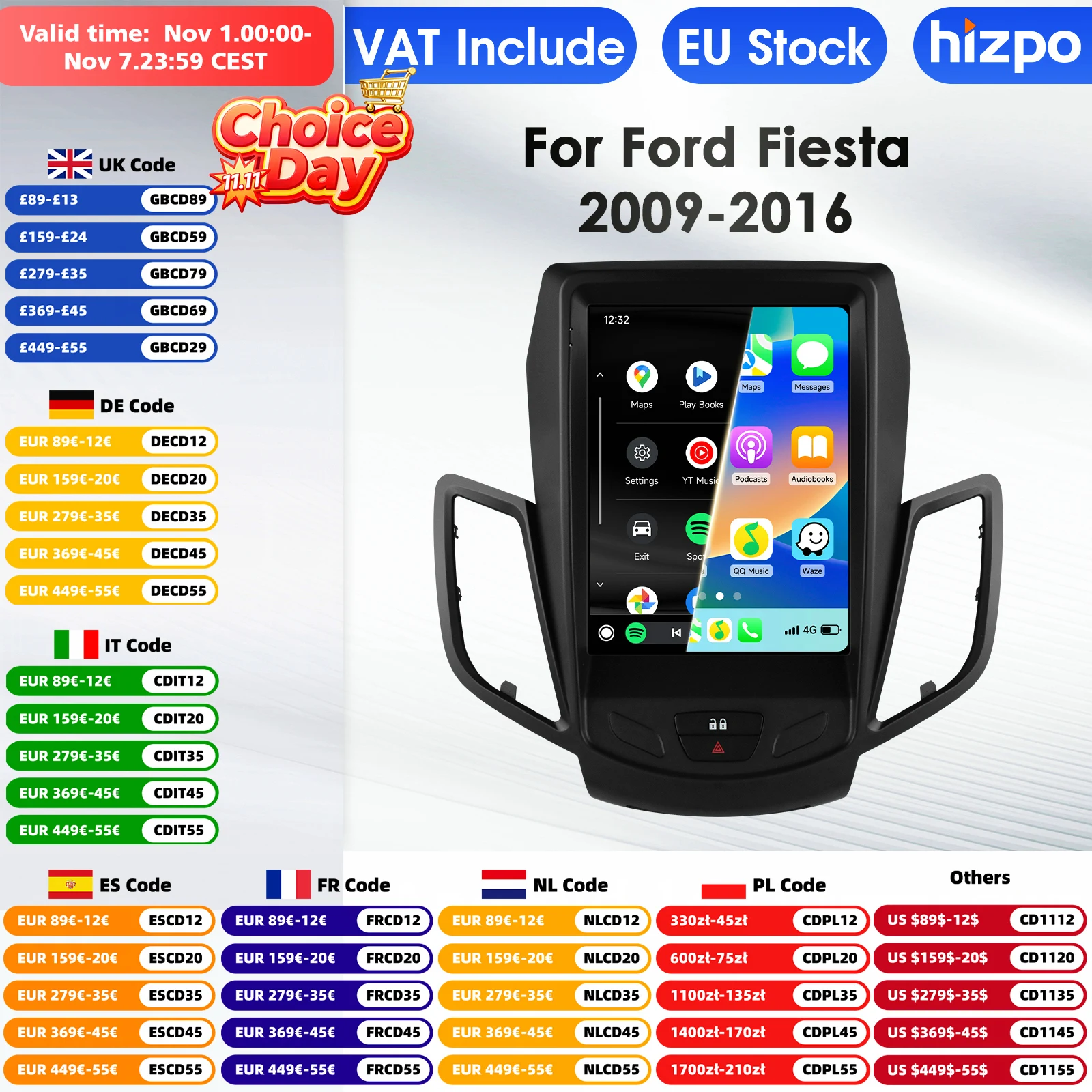 Hizpo 2Din Android 14 Car Multimedia Player for Ford Fiesta MK7 2009-2016 GPS Carplay 4G AI Intelligent Screen Autoradio 360 Cam