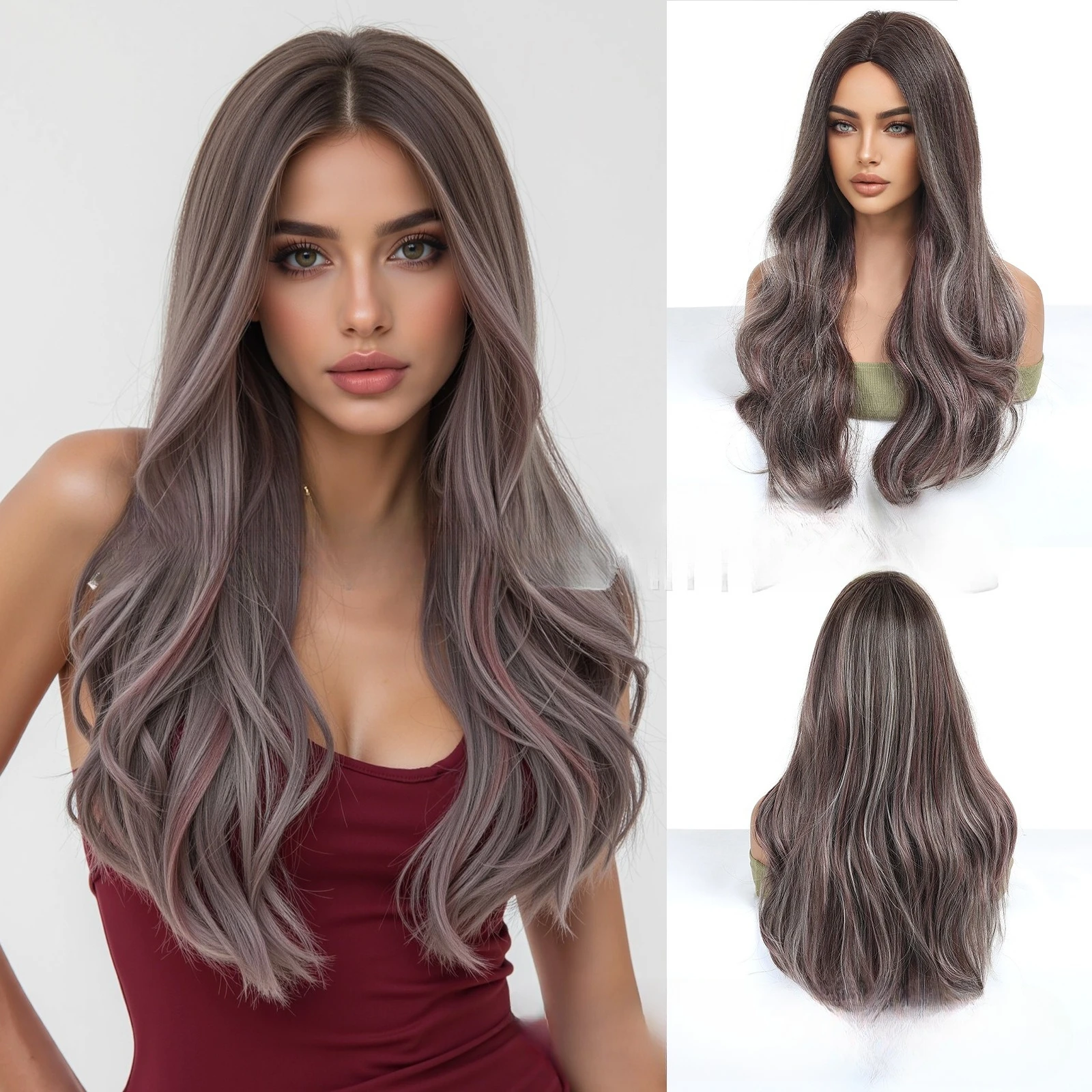 

European and American wig purple mixed brown medium length curly hair 26 inches high temperature resistant hair rose goods wigs