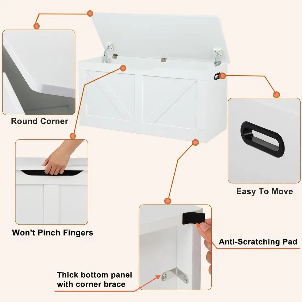 กล่องเก็บของไม้ขนาดใหญ่พร้อมบานพับนิรภัย 2 บาน, ม้านั่งเก็บรองเท้าสีขาวสำหรับห้องนั่งเล่นและห้องนอน