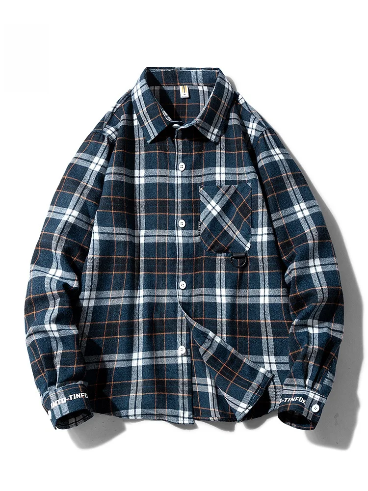 

Hong Kong Style Plaid Long Sleeve Men's Shirt Autumn Loose Casual Versatile Outerwear Polyester Cotton Blend Youth Fashion