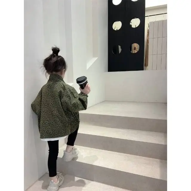 Girls Jacket 2026 Spring New Kids Trendy Leopard Reversible Trench Coat Boys Stylish Street Jacket