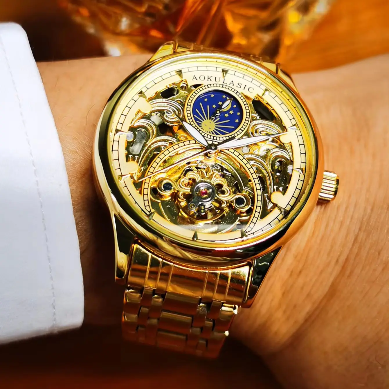 Gold  Vintage Moon Phase Automatic Watch for Men Tourbillon Skeleton Luminous Hands Luxury Brand Mechanical Watches Steel Strap