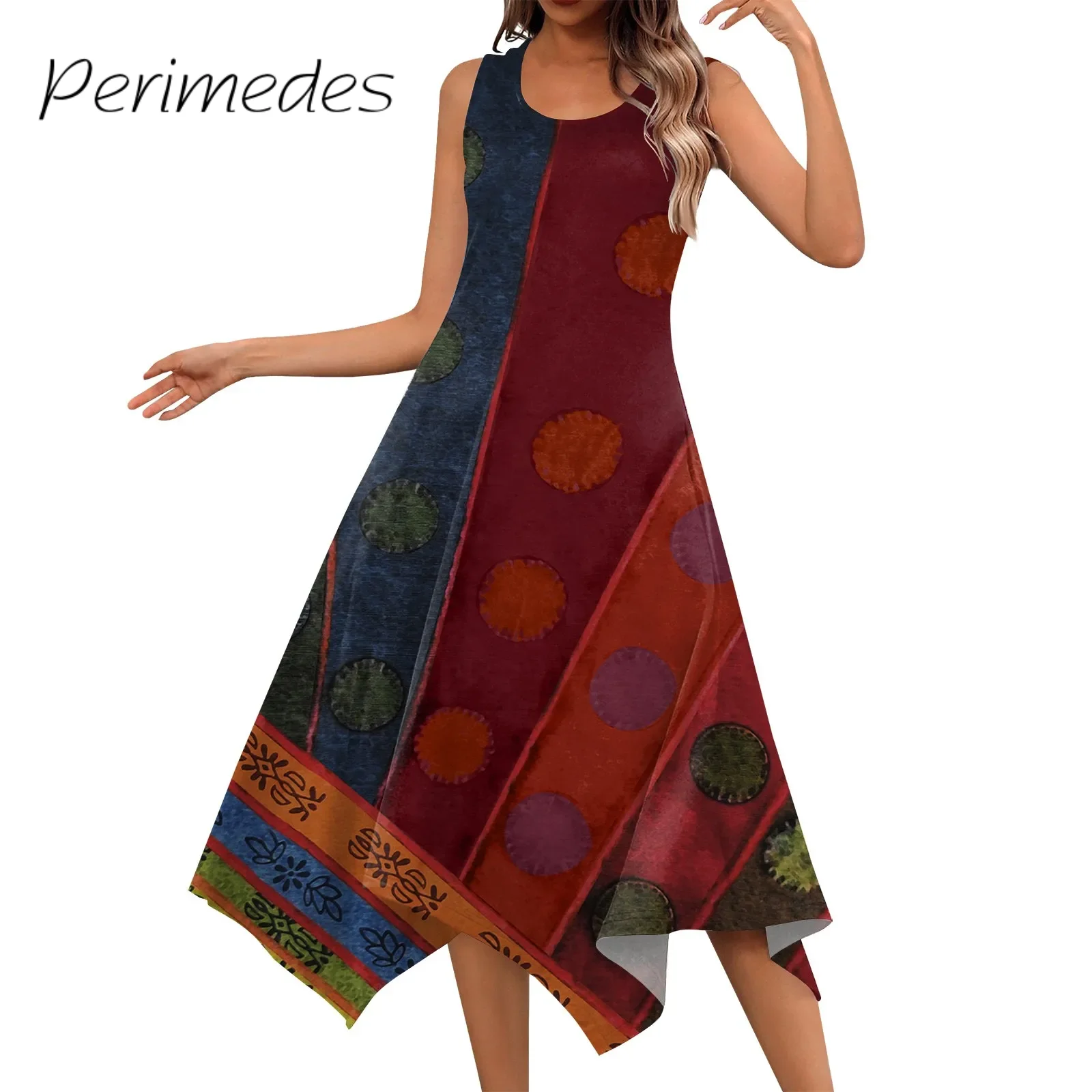 

Vestidos Women'S Dress Casual Round Neck Vest Dress Sleeveless Graceful Printed Irregular Fashionable Hem Midi Dress 2024