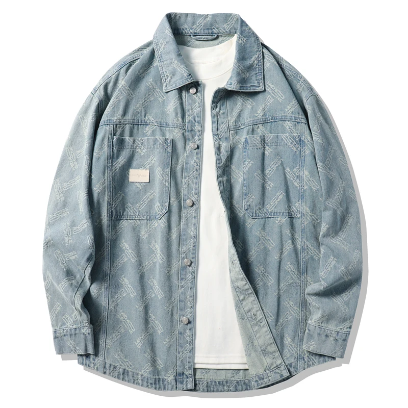 

2025 Spring Autumn Men's Denim Shirt Jacket - Oversized Casual Long Sleeve Lapel American Jacquard High-Street Trendy Tops