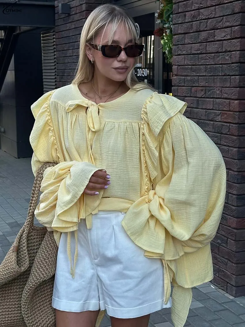 Oymimi Casualowe Żółte Koszule Damskie z Bawełny Eleganckie Bluzki z Dekoltem O-Neck, Falbankami, Długim Rękawem, Modne Bluzki Sznurowane, Luźne Bluzki Damskie