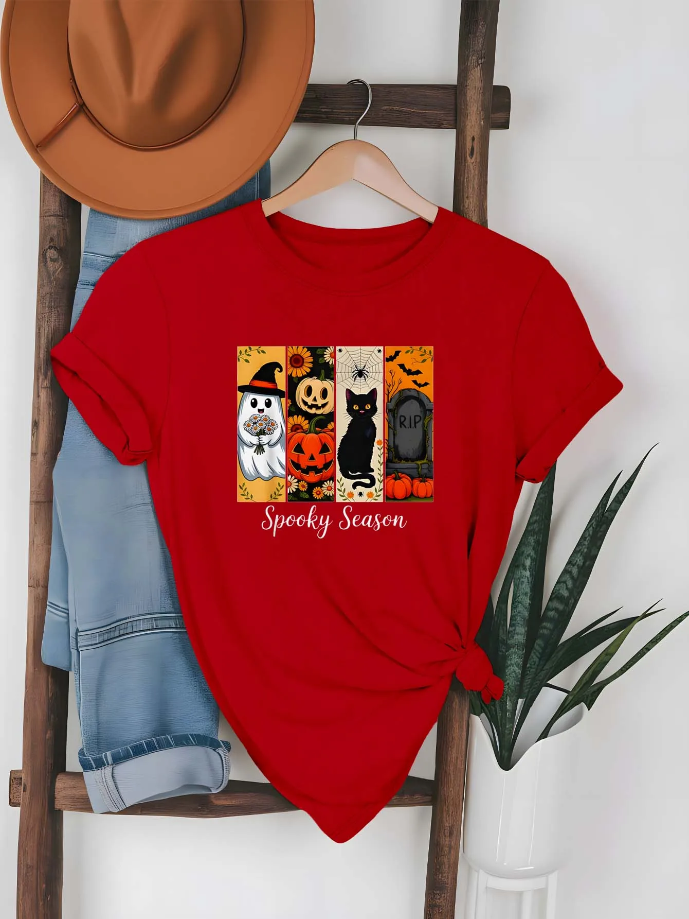 

Мода больших размеров с призрачным тыквой-призраком, черным котом и надгробиями, для обнимания вампиров на Хэллоуин