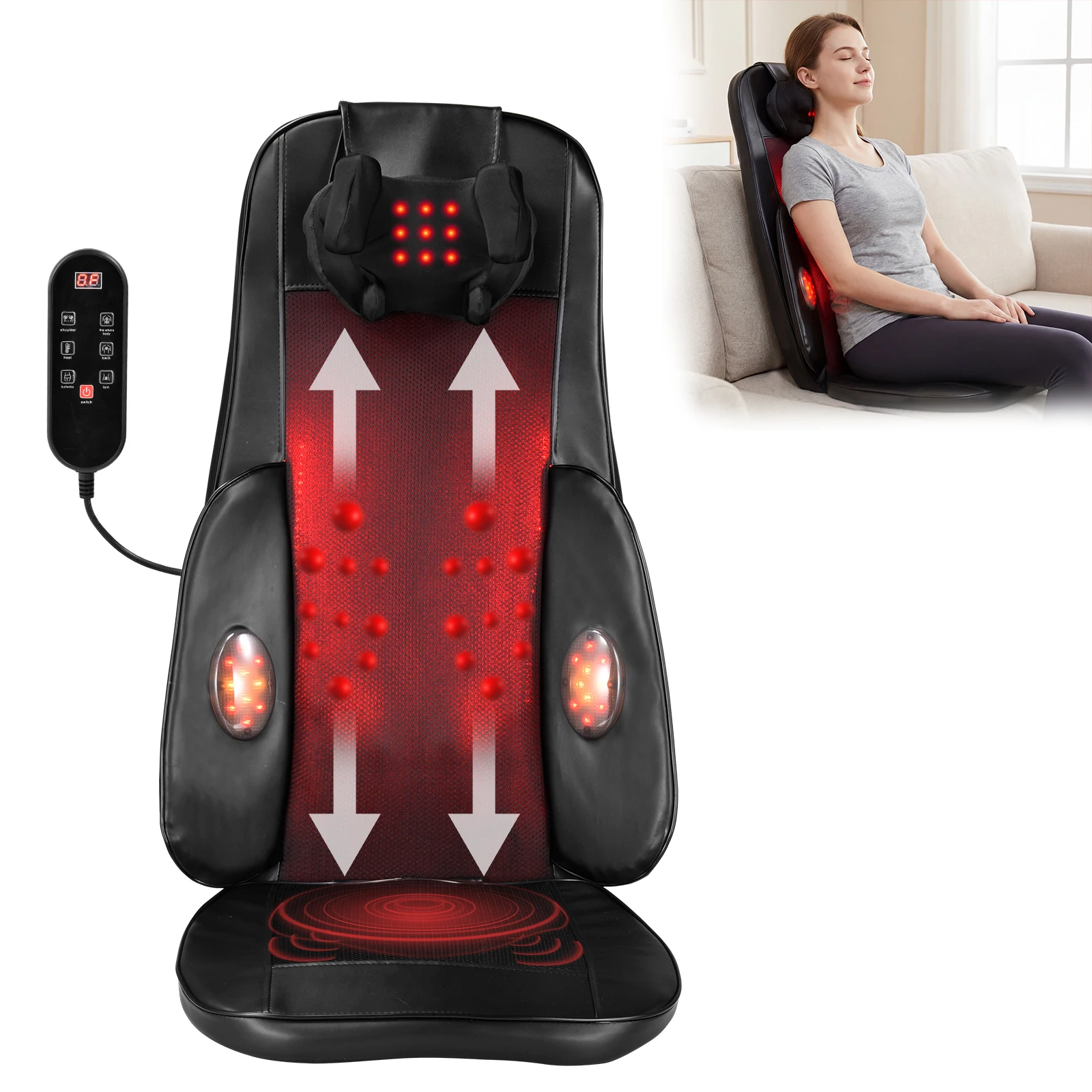 

Massage Seat Cushion with Heat for Neck Back Waist Adjustable Height Electric Massager Pad Remote Control Office Home Chair