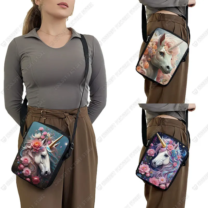 Cute Unicorn with Flower Print Crossbody Bag Fantasy Unicorn Women Shoulder Bag Phone Card Key Holder Teenager Messenger Bag