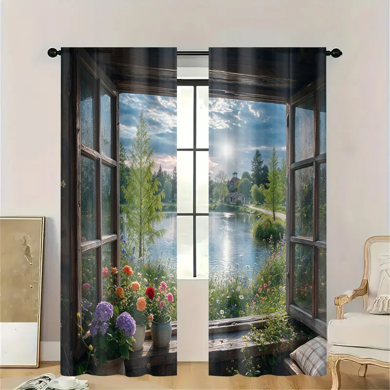 Scenic Nature Landscape Curtains Window Treatment Translucent Garden Floral View Day Filter Curtain for Home Decor Kitchen Windo