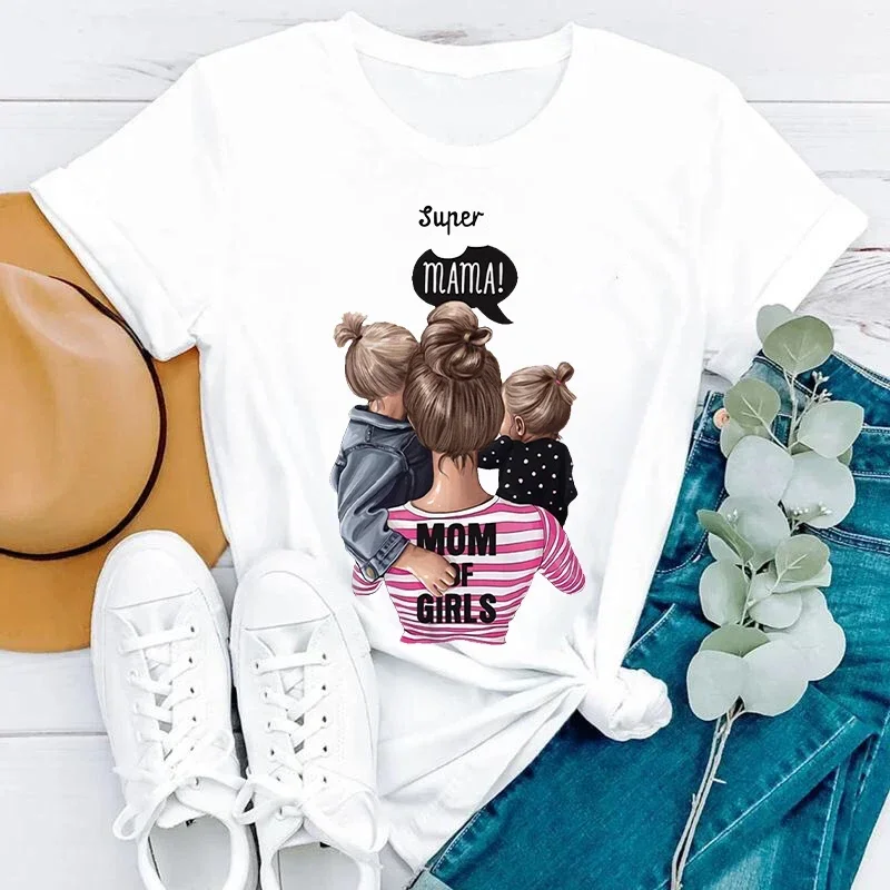 Camiseta gráfica dos desenhos animados femininos, Super mamãe, roupas fofas para mamãe, tops femininos, roupas femininas, T-shirt, impressão, algodão, 2024