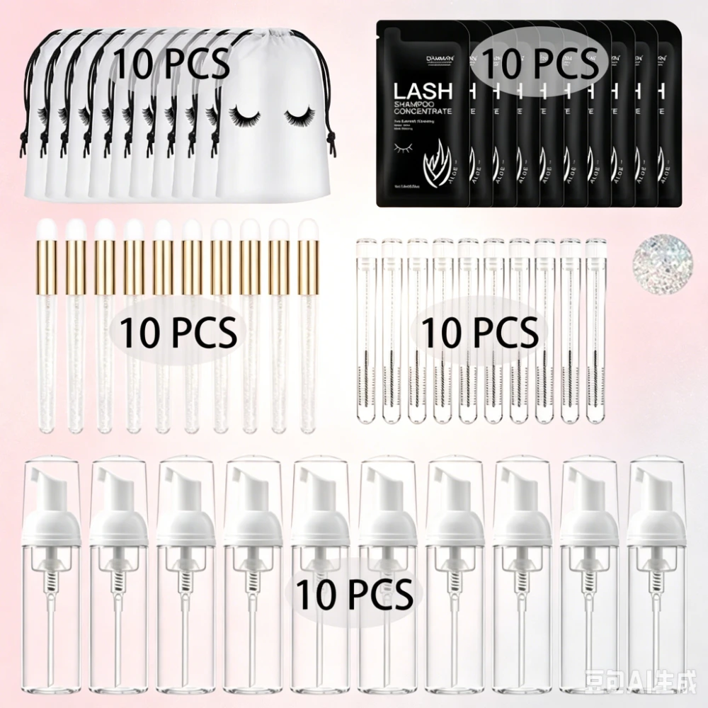 25/50Pcs Foam Pump Bottle Kit 60ml Refillable Leakproof Empty Eyelash Extension Shampoo with Lash Comb Brush EVA Bag