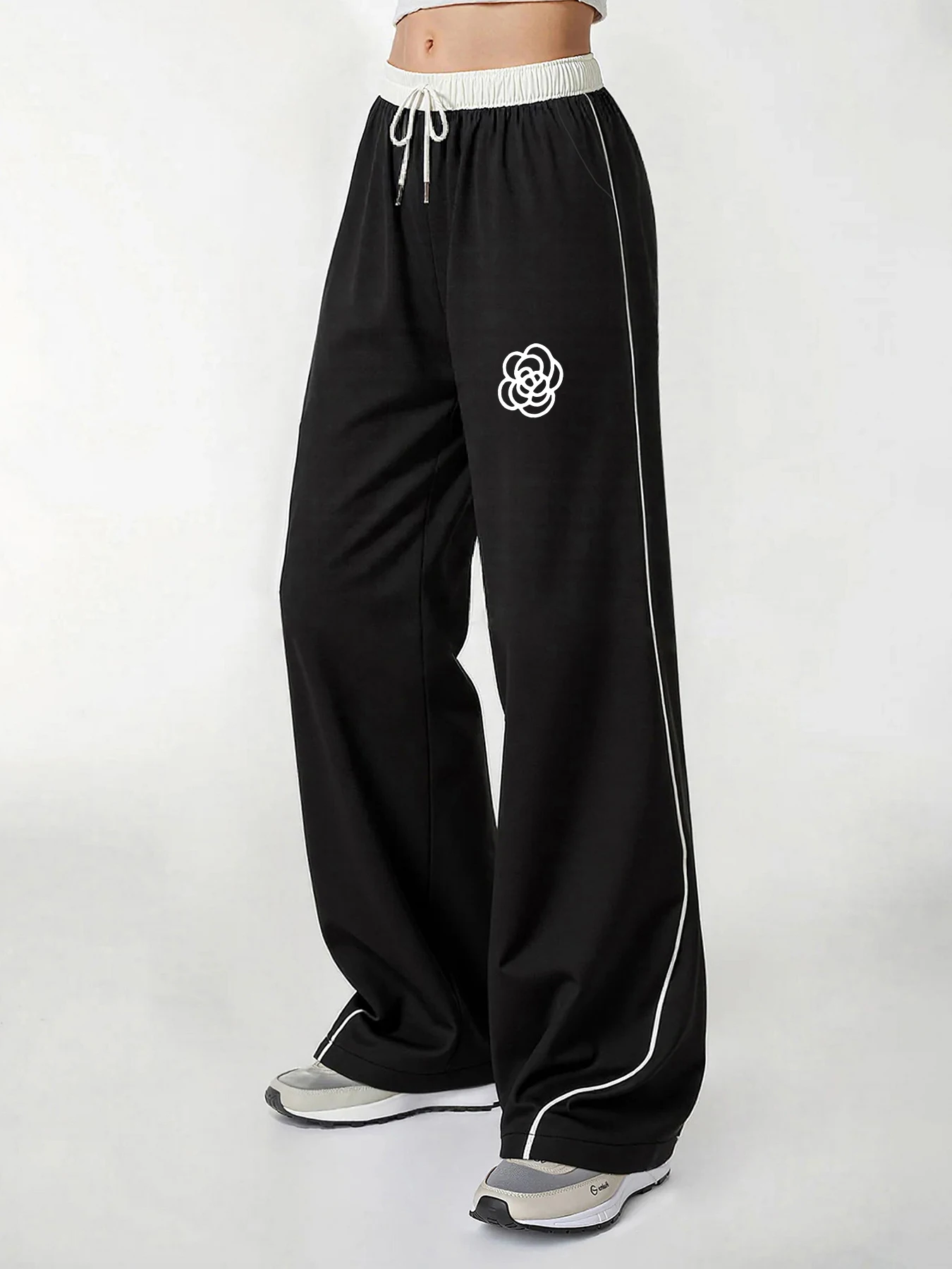 Pantalones casuales para mujer, imprescindibles para un look moderno, estilo retro francés de verano con estampado de líneas de camelia, pantalones casuales de pierna ancha con bloques de color y cintura con cordón, pa