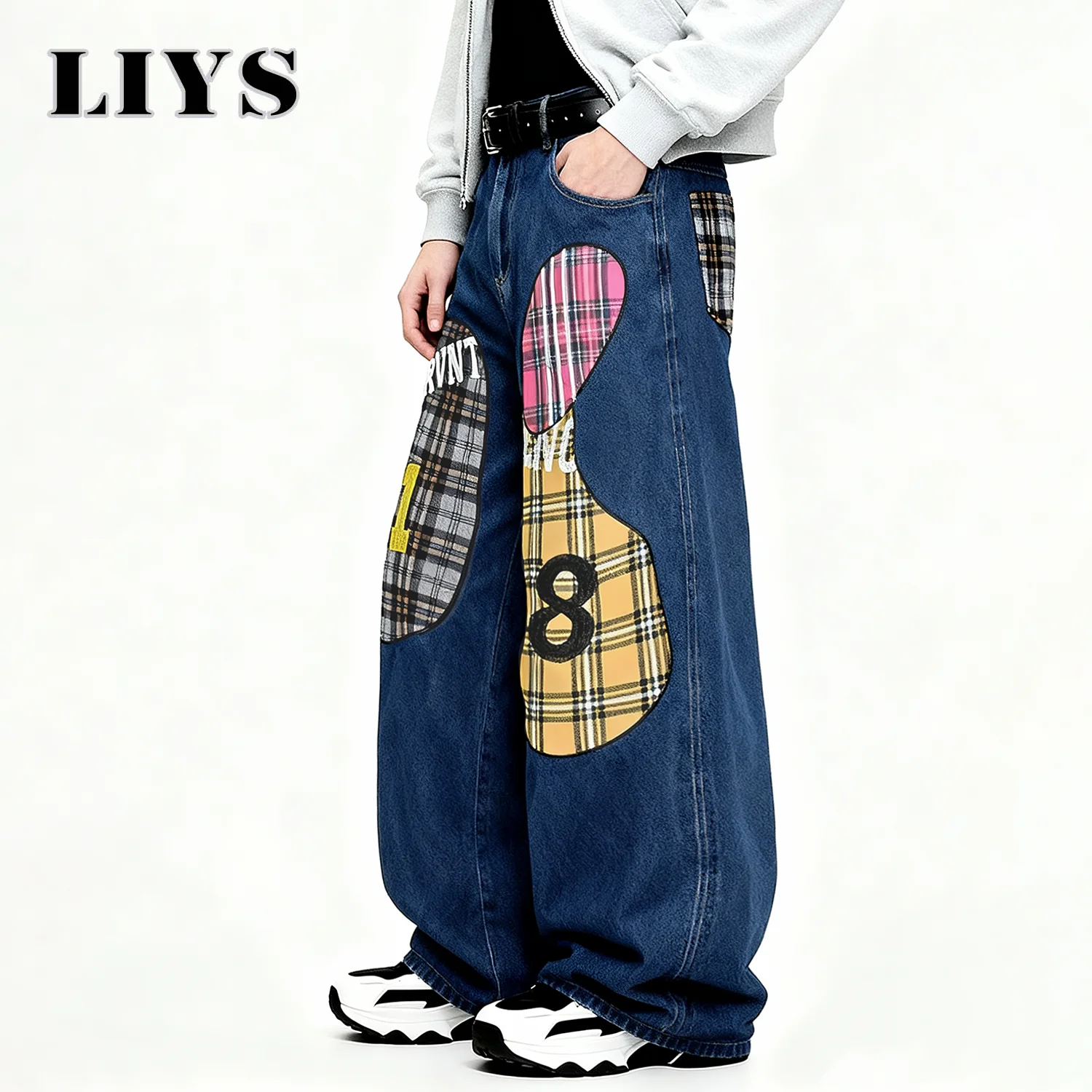 جديد الرجال الموضة الأزرق الرجعية فضفاض واسعة الساق الجينز الكورية الشارع منقوشة التصحيح النسيج العصرية العلامة التجارية الدنيم السراويل للجنسين الذكور الملابس #4