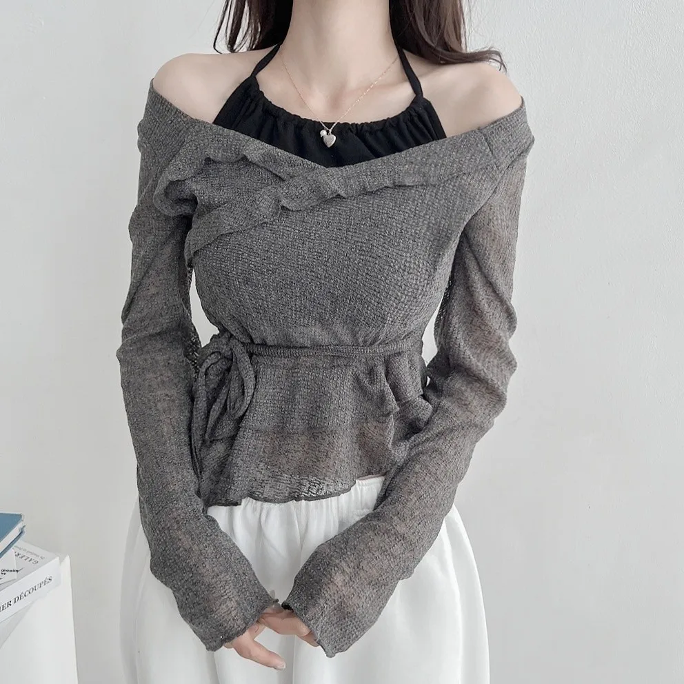 

Spring 2026 Chic Sweet Neckline T-Shirt Women's Versatile Elegant Top with Belt Knitted Polyester Fiber Casual Fashionable