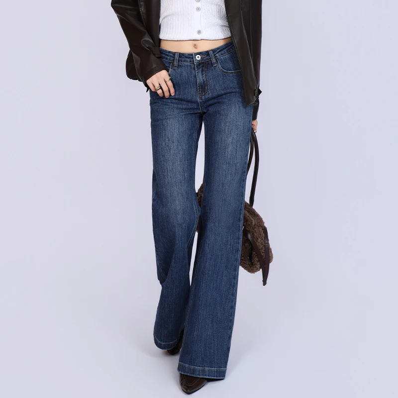 Classic All-match Dark Wash Bootcut Jeans for Women Casual Mid Waist Regular Fit Denim Pants Vintage Wide Leg Denim Trousers