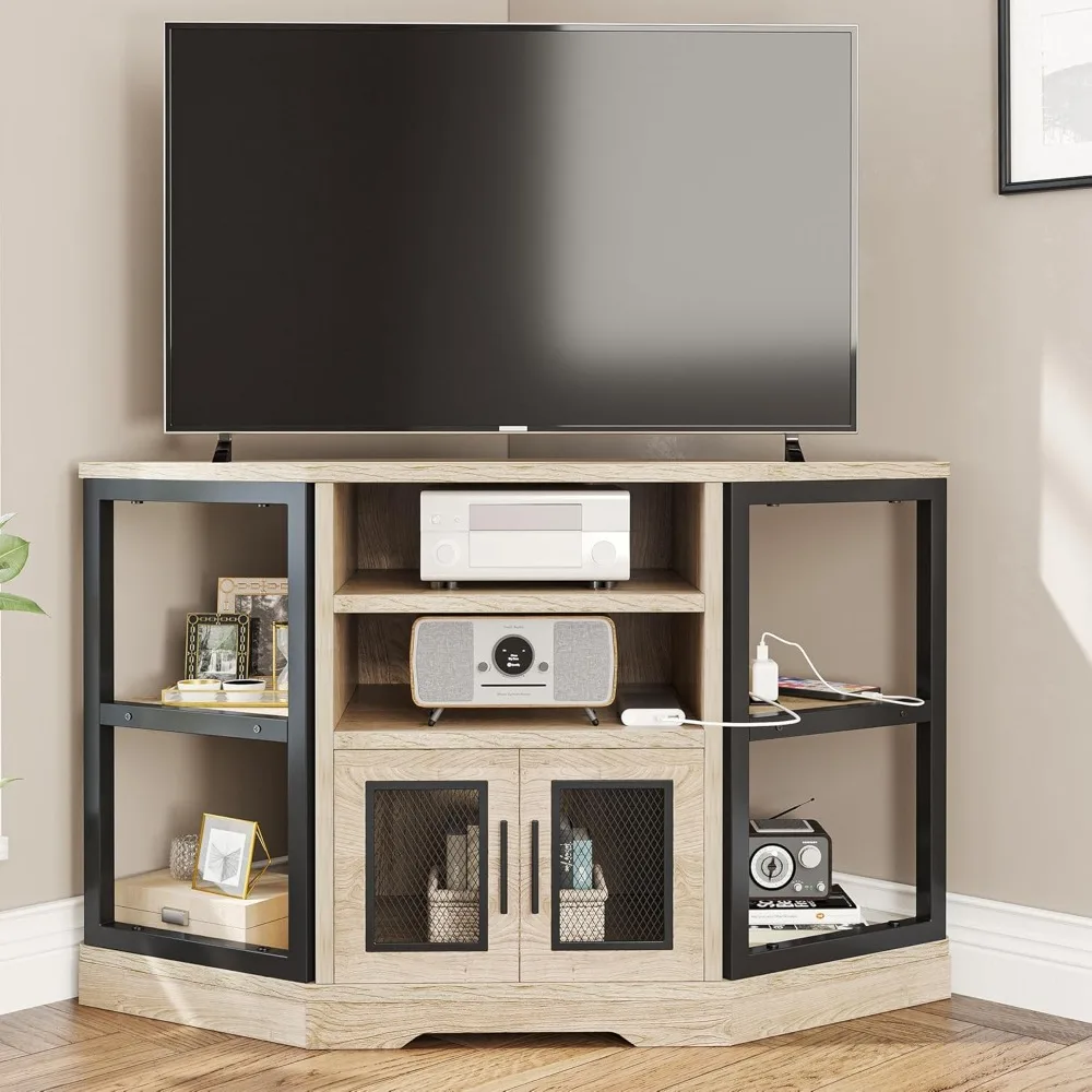 50-inch corner TV stand with electrical outlets, entertainment center TV media console with 6 open storage shelves