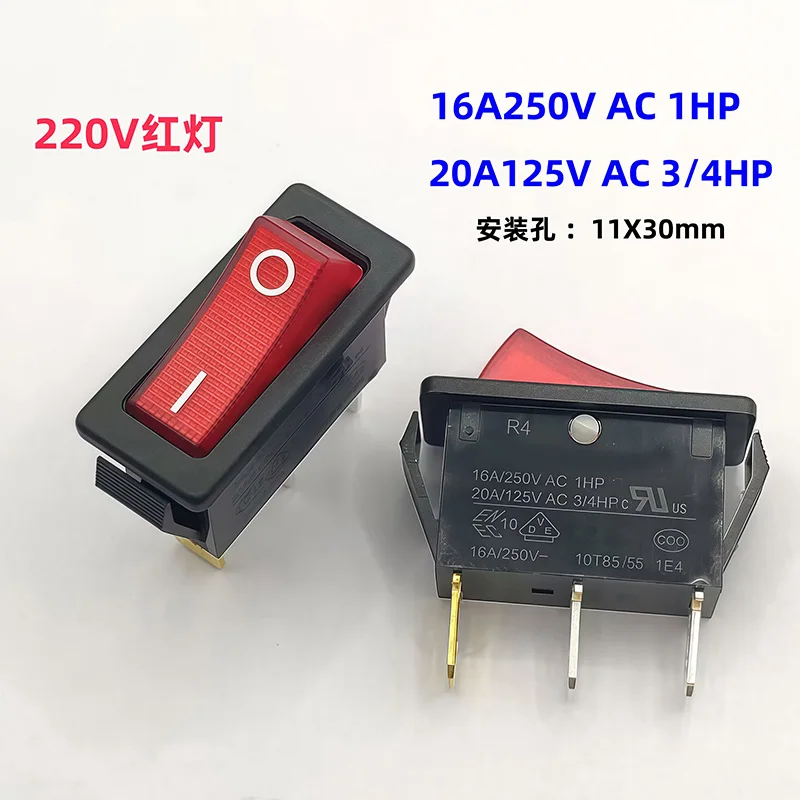 16A250V boat-type rocker switch R4 with 3 pins, 2 positions, 220V red light button, opening size 11X30mm