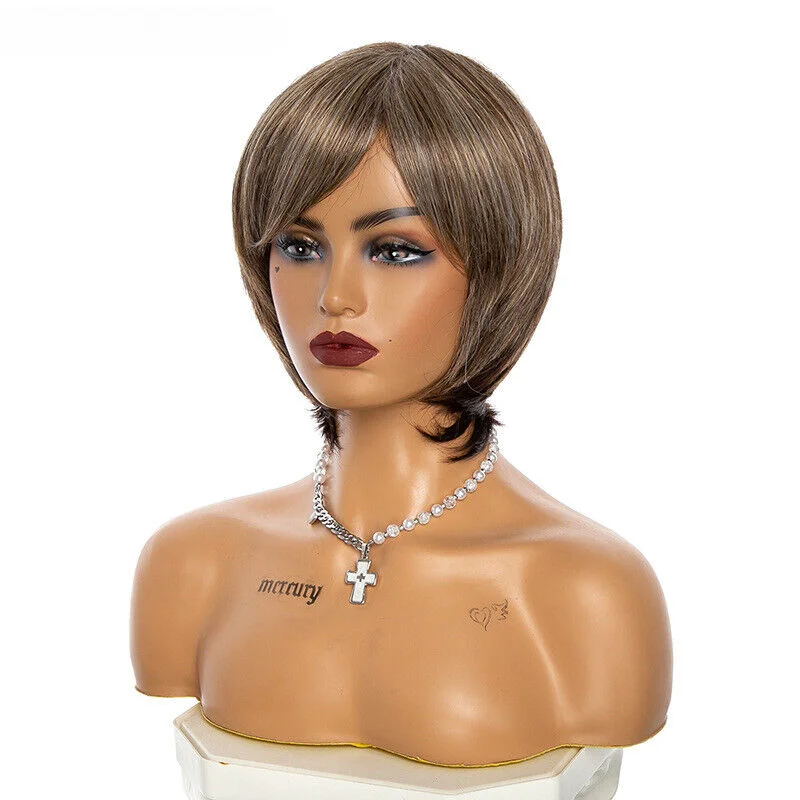 Synthetic Women's short straight hair brown slanted bangs wig