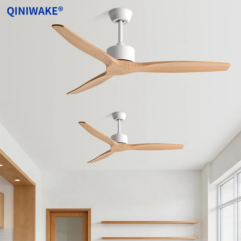 QINIWAKE 42/52/60 Inch DC Ceiling Fan 3 Natural Solid Wood Blades 6-Speed DC Remote Control Quiet Electric Fan for Home