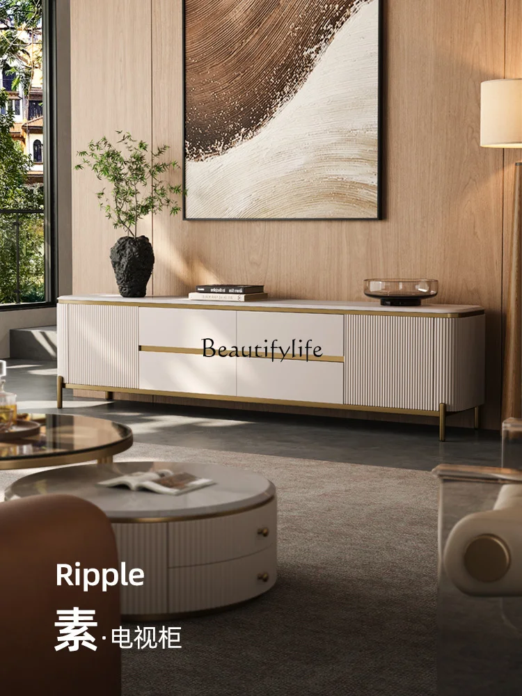 

04Italian light luxury natural marble TV cabinet household living room modern high-end villa floor cabinet