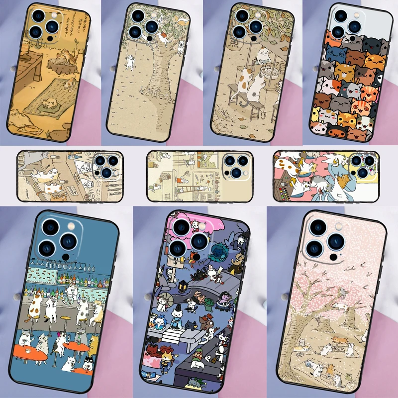 Japanese Cat Drink Pattern Case For Samsung Galaxy A16 A13 A26 A36 A56 A06 A55 A35 A15 A54 A34 A14 A53 A12 A22 A32 A52