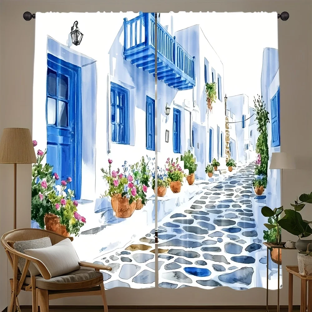 2pcs Mediterranean Style Print Curtains Blue White Buildings Flower Pots Scenic Design Fresh Polyester Window Drapes for Living