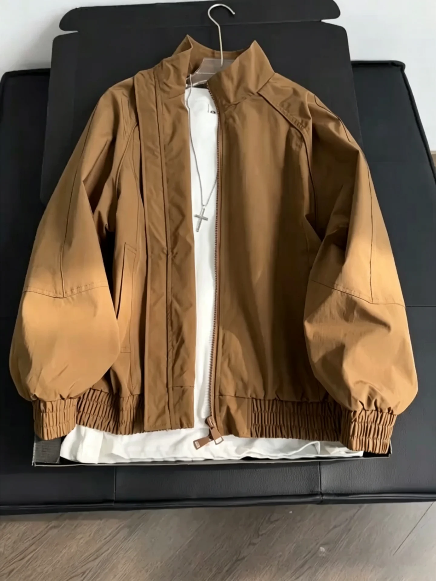 Men's Brown  Flight Jacket Autumn American Structure Anti-Shoulder Workwear Three-Proof Downproof Jacket Loose Fit Washed