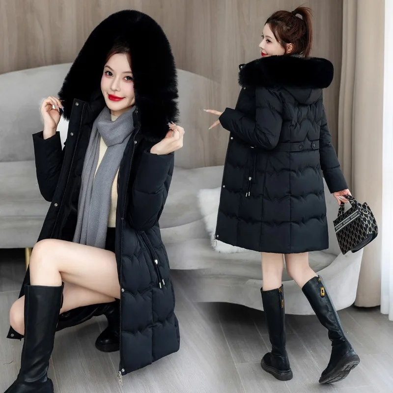 Europe States Large Size Large Collar New Winter Coat in The Long Hooded Cotton-padded Waist Rope Thin Thick Cotton-padded Women