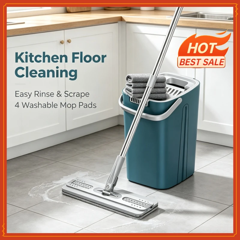 Self-washing Flat Floor Mop and Bucket Set Kitchen Household Cleaning Tool Microfiber Wiper Magic Extendable Wet Dry Daily Use