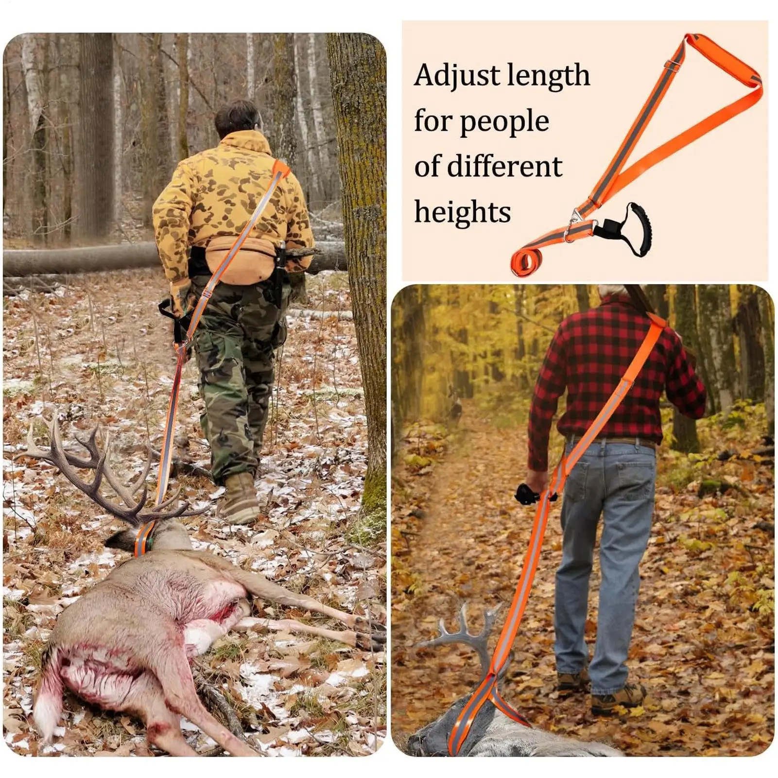 

Оленьи перетаскивания и ремни Прочный ремень для перетаскивания оленя с нескользящей ручкой Прочная светоотражающая оранжевая веревка для вытягивания охотничьих аксессуаров