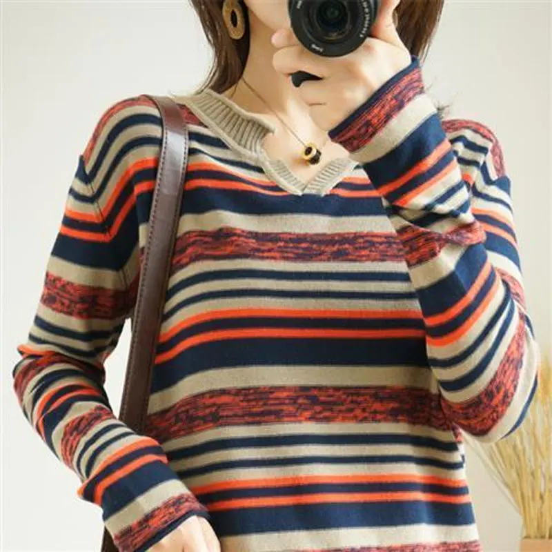 

Female Vintage Striped Fashion Drawstring Sweaters Spring Autumn Long Sleeve V-Neck All-match Contrasting Colors Knitted Jumpers