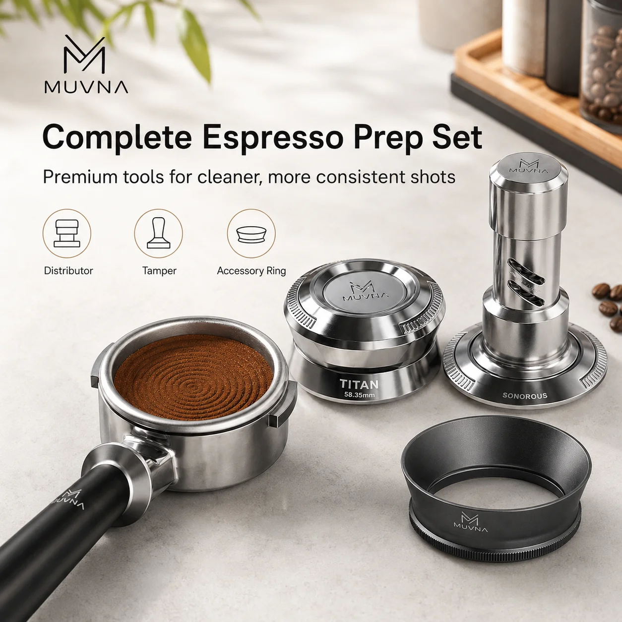 MUVNA Constant Force Espresso Tamper 51/53/58.35mm Stainless Steel Coffee Leveler Thread Gravity 25-35 Pounds Adjustable