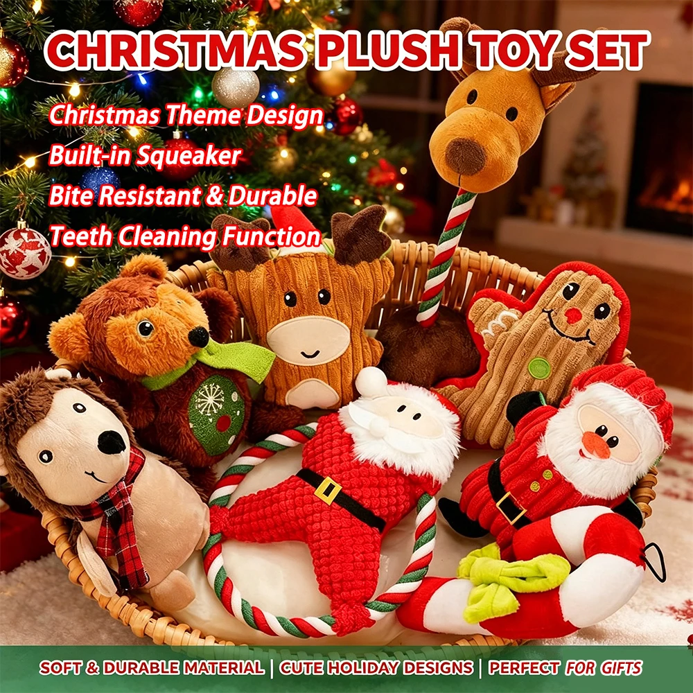 Christmas Squeaky Plush Dog Toy Santa Reindeer Rope Chew Toy Durable Teeth Cleaning Interactive Gift for Small Medium Puppy Dogs