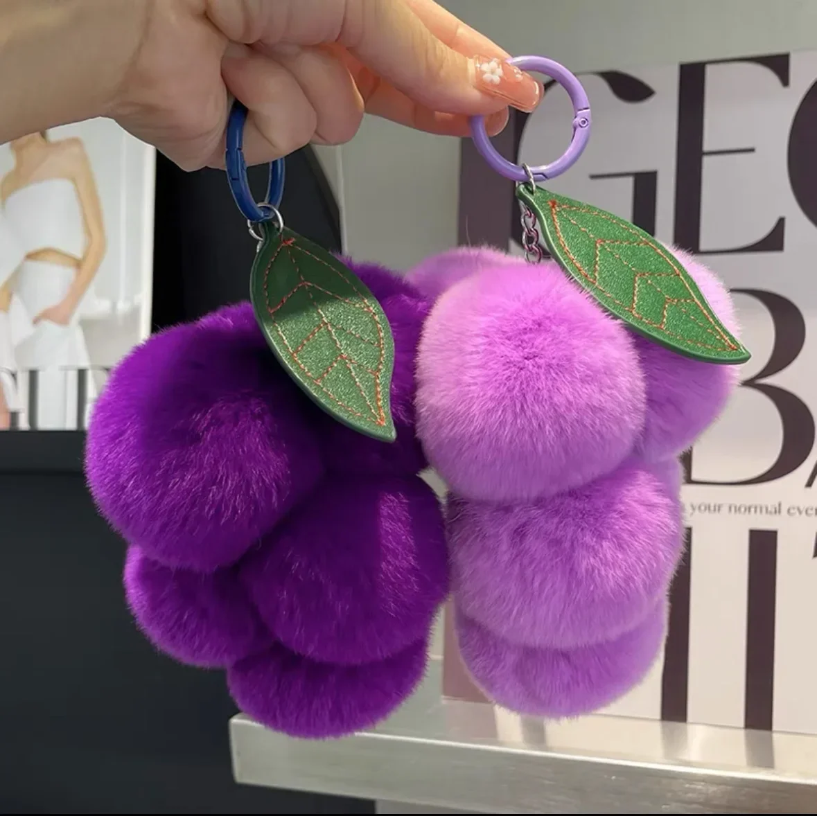 

2026 New Purple Fluffy Soft Key For Men And Women Chain Rabbit Plush Grape Pendant Grape Car Key Pendant Accessory Wholesale