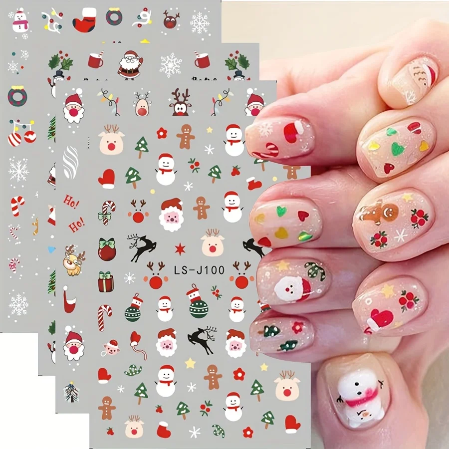 4 قطعة ملصقات أظافر عيد الميلاد ، كارتون سانتا كلوز ، هدية عطلة شجرة عيد الميلاد ، ملصقات أظافر الغراء الخلفي LS-J97-100 #2