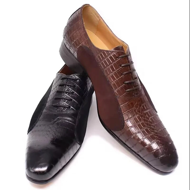 New Fashion Oxford Shoes Men Dress Shoes Lace-up Pointed Toe Office Genuine Leather Pattern Splicing  Shoes  for Men