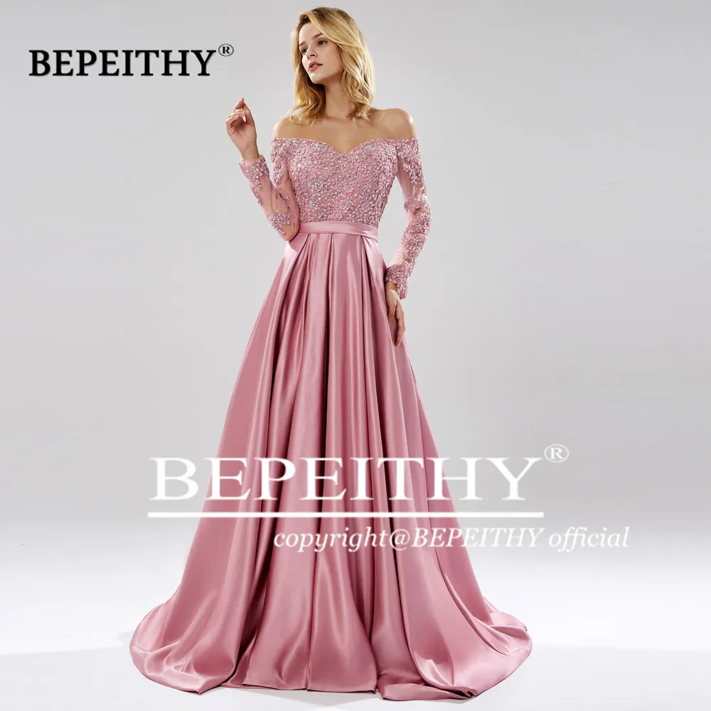 BEPEITHY Robe De Soirée Femme Off  The Shoulder A line Evening Dress Elegant Full Sleeves Purple Lace Bodice Prom Dresses 2023