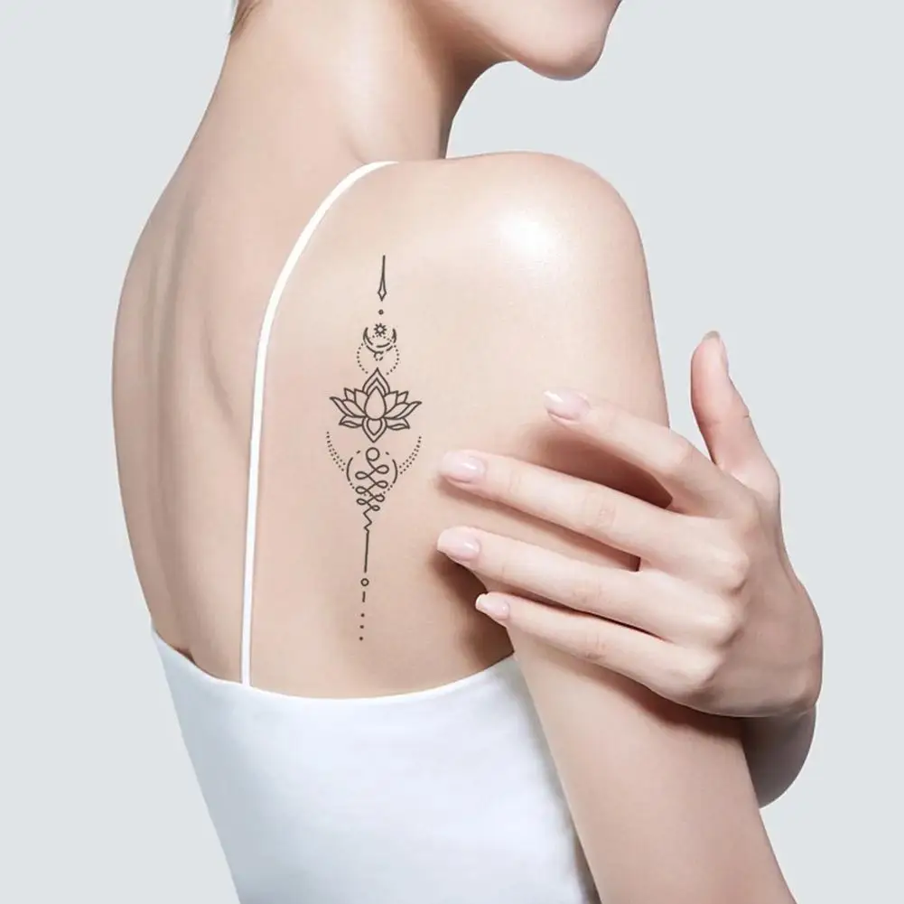 Lotus Sanskriet wervelkolom tattoo sticker, Thaise kruiden tijdelijke tattoo voor rug, waterdichte langdurige nep body art, yoga ontwerp