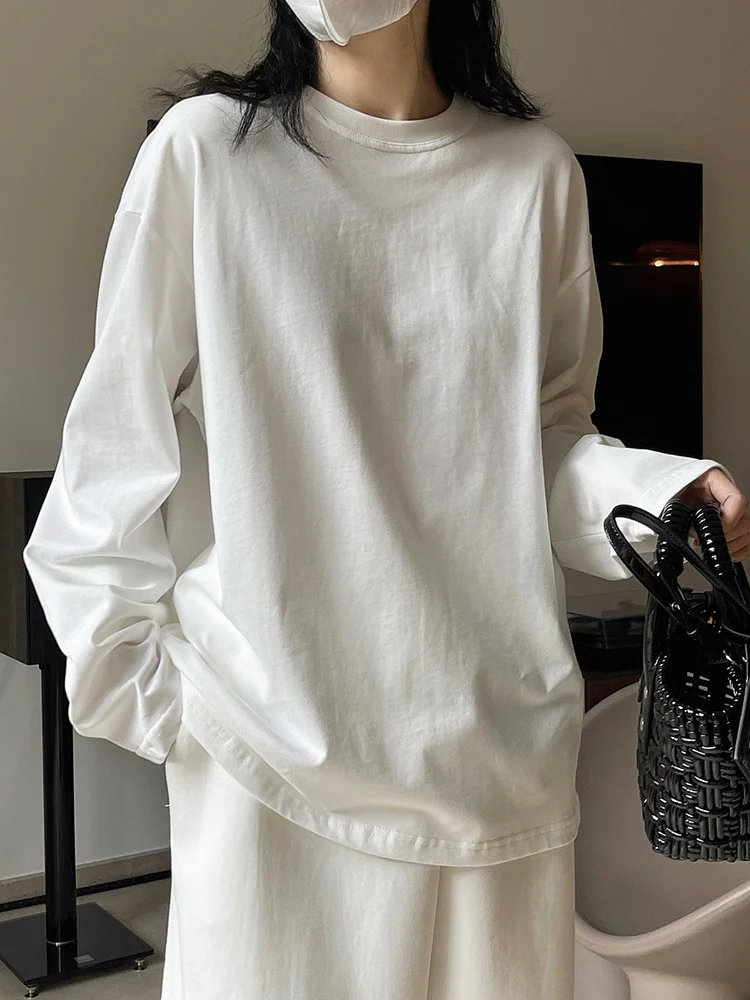 

[LANMREM] Minimalism Solid Pullover T-shirt For Women Round Neck Long Sleeve Casual Loose Bottoming Tops New 2024 Autumn 26D1082