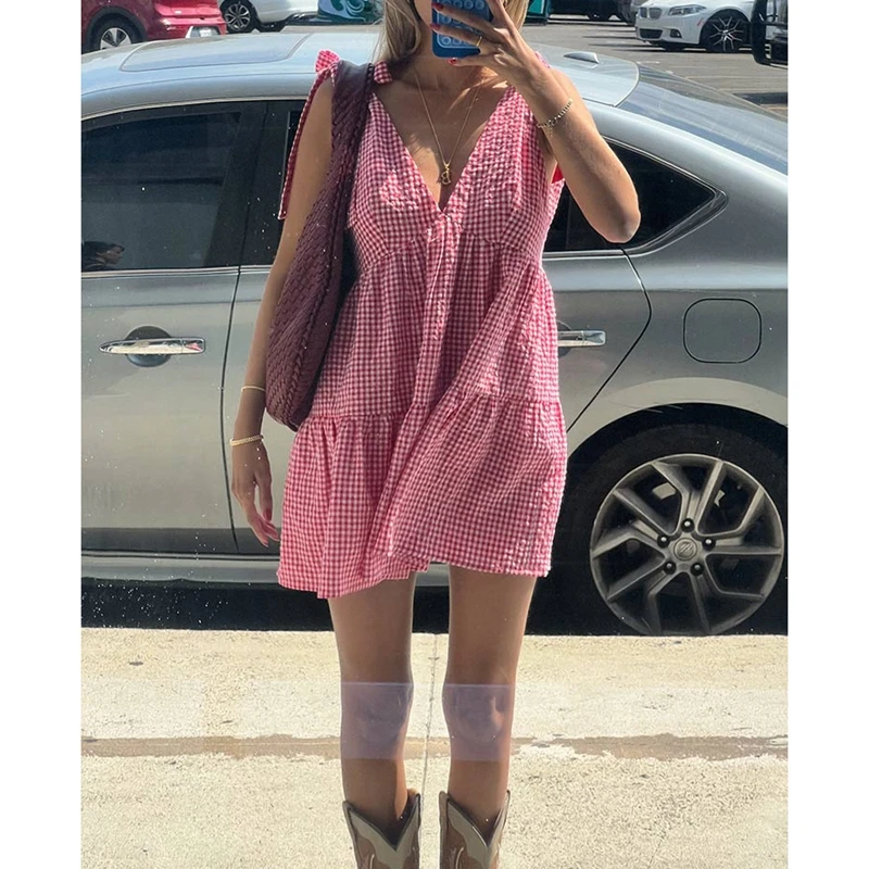 Abito estivo da donna senza maniche con stampa scozzese casual, cinturino con scollo a V profondo, clubwear, vestibilità ampia, abito corto a trapezio